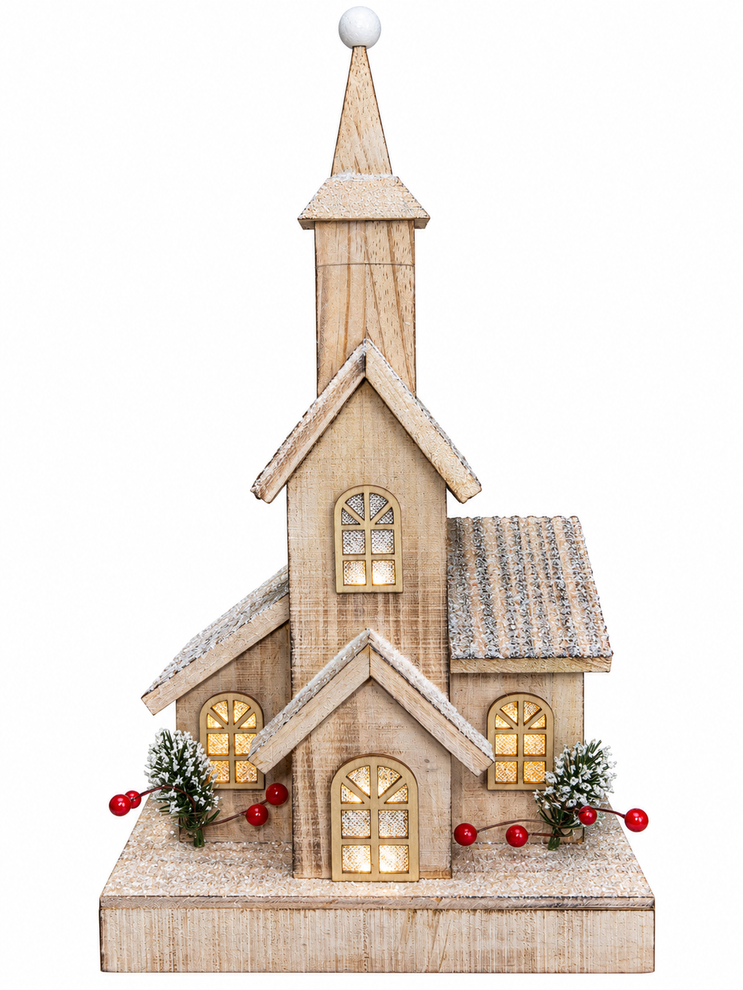 LED Faux Wood Church w. Holly