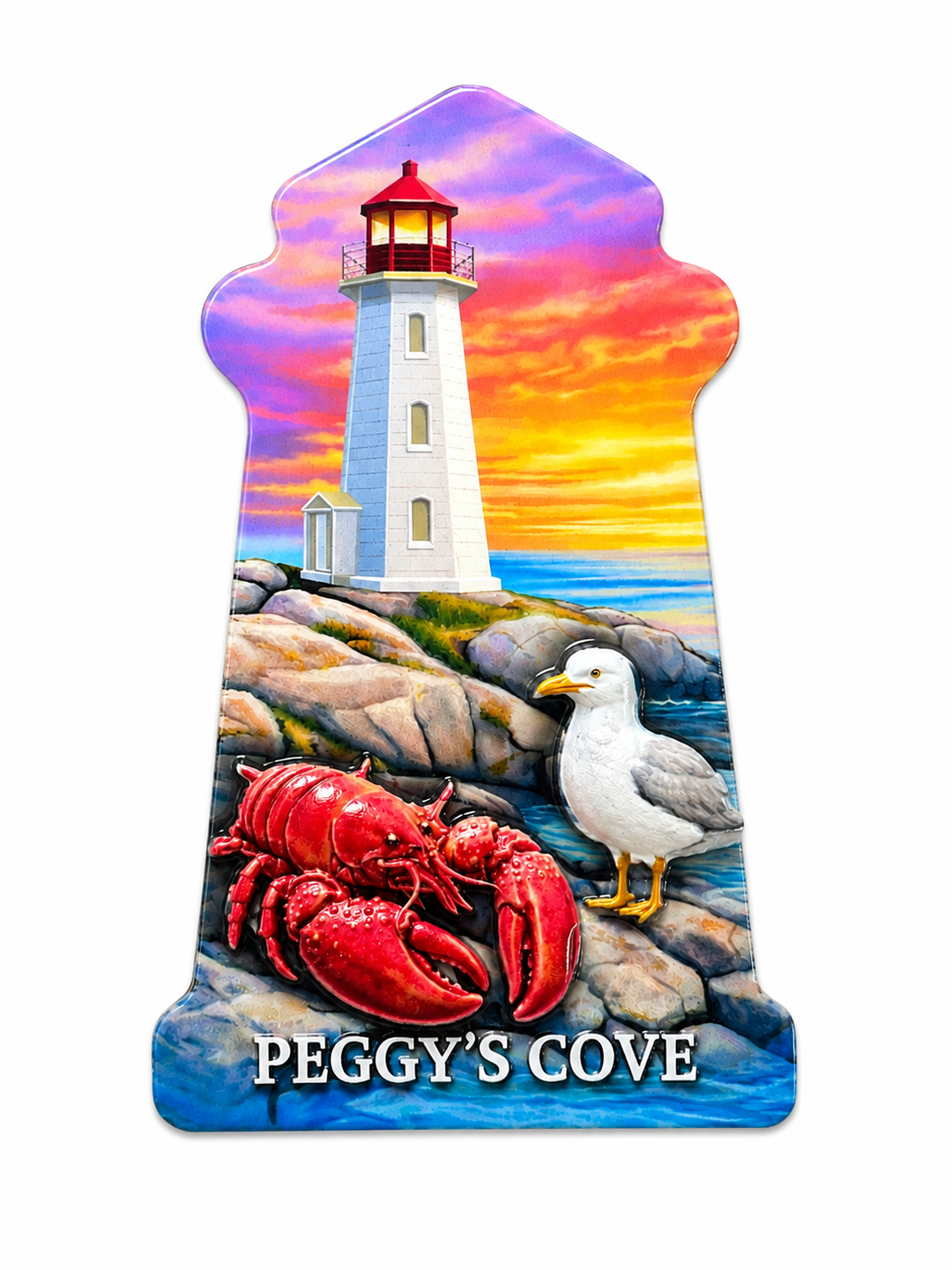 Wooden Magnet - Lighthouse, Gull & Lobster